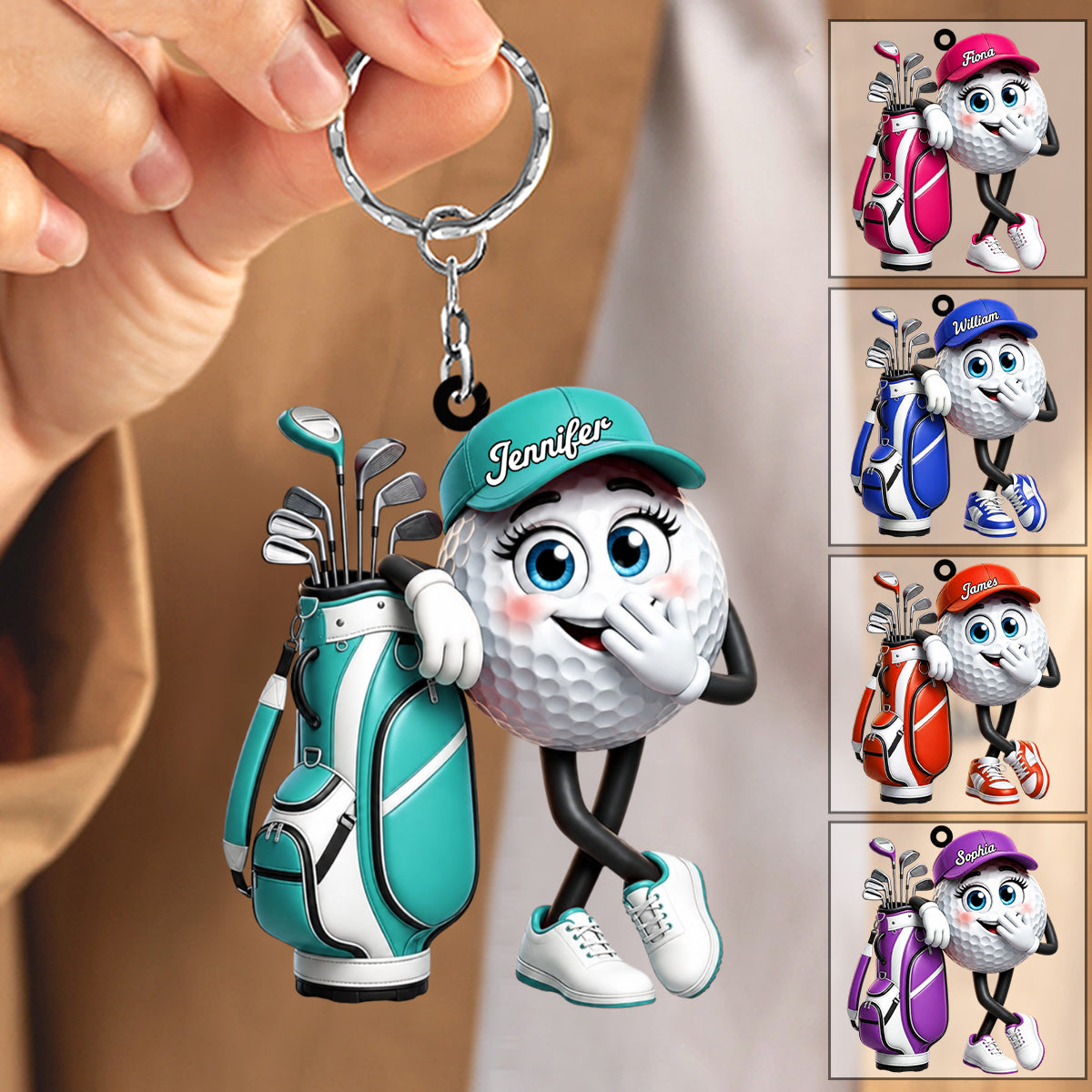 Funny Snickering Personalized Golf Ball Mascot Keychain Gift for Male & Female Golfer