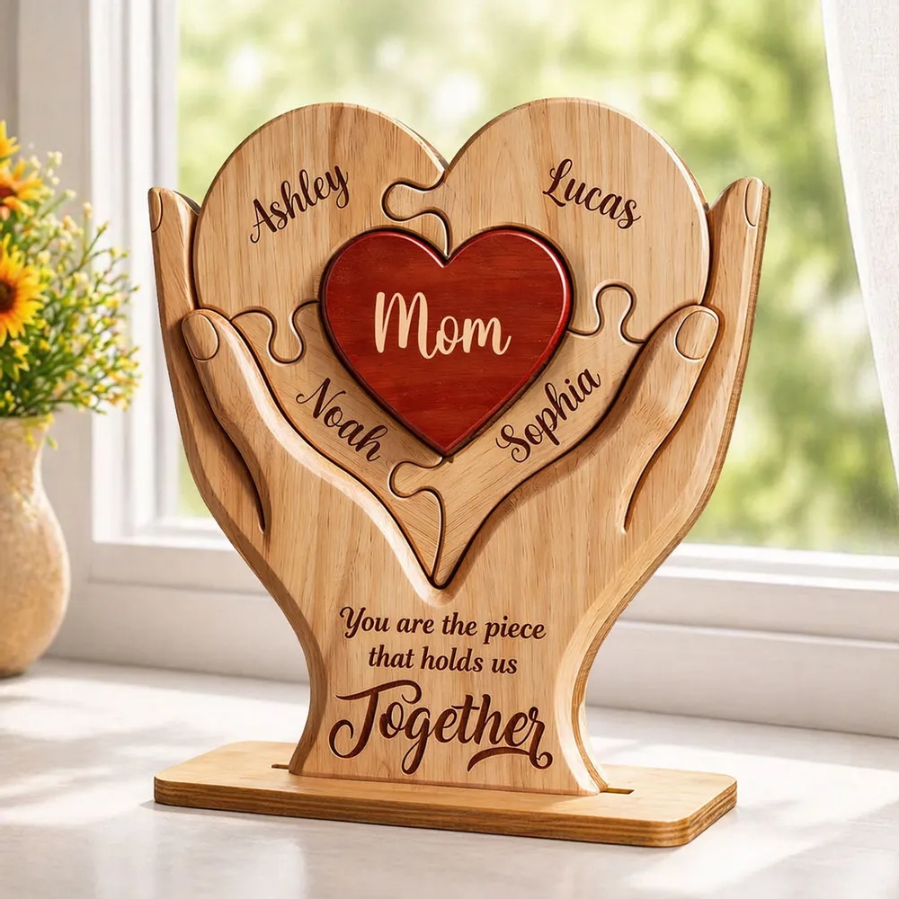 Personalized "Mom, the Piece That Holds Us Together" Wooden Plaque – Mother's Day Gift For Mom & Wife