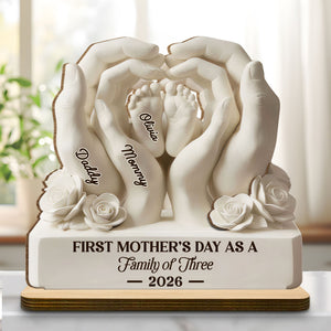 First Mother's Day As A Family Of Three, Personalized Custom 2-Layer Wood Plaque, Gift For Mom