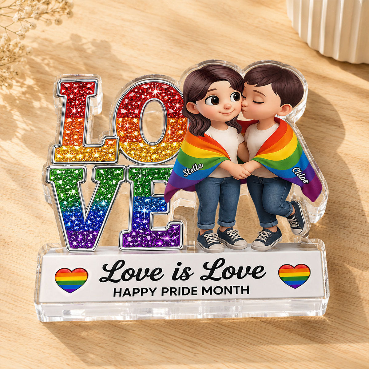 Pride Month Gift for LGBTQ+ Couple – Personalized "Love Is Love" Acrylic Block Plaque