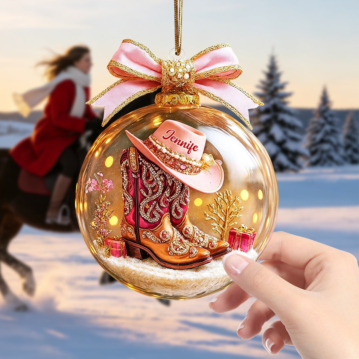 Pink Cowgirl Boot Personalized Acrylic Ornaments,Custom Horse Racing Decor, Snow Ornament Xmas Decor