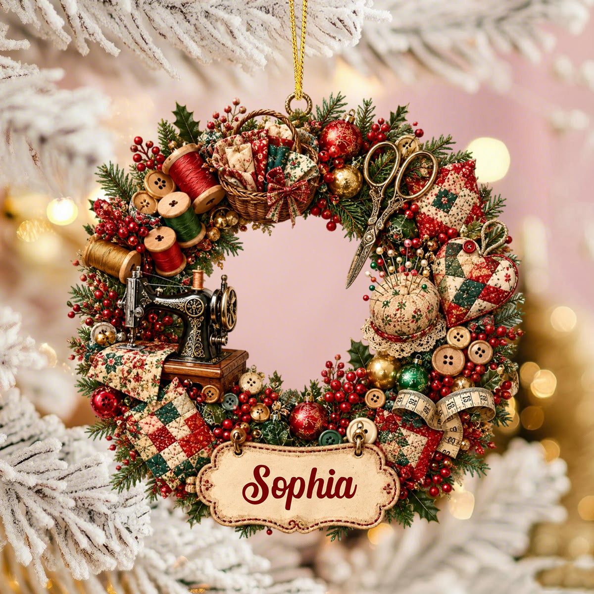 Retro Sewing Machine Personalized Wreath Ornament Gift for Sewing Lovers