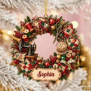 Retro Sewing Machine Personalized Wreath Ornament Gift for Sewing Lovers