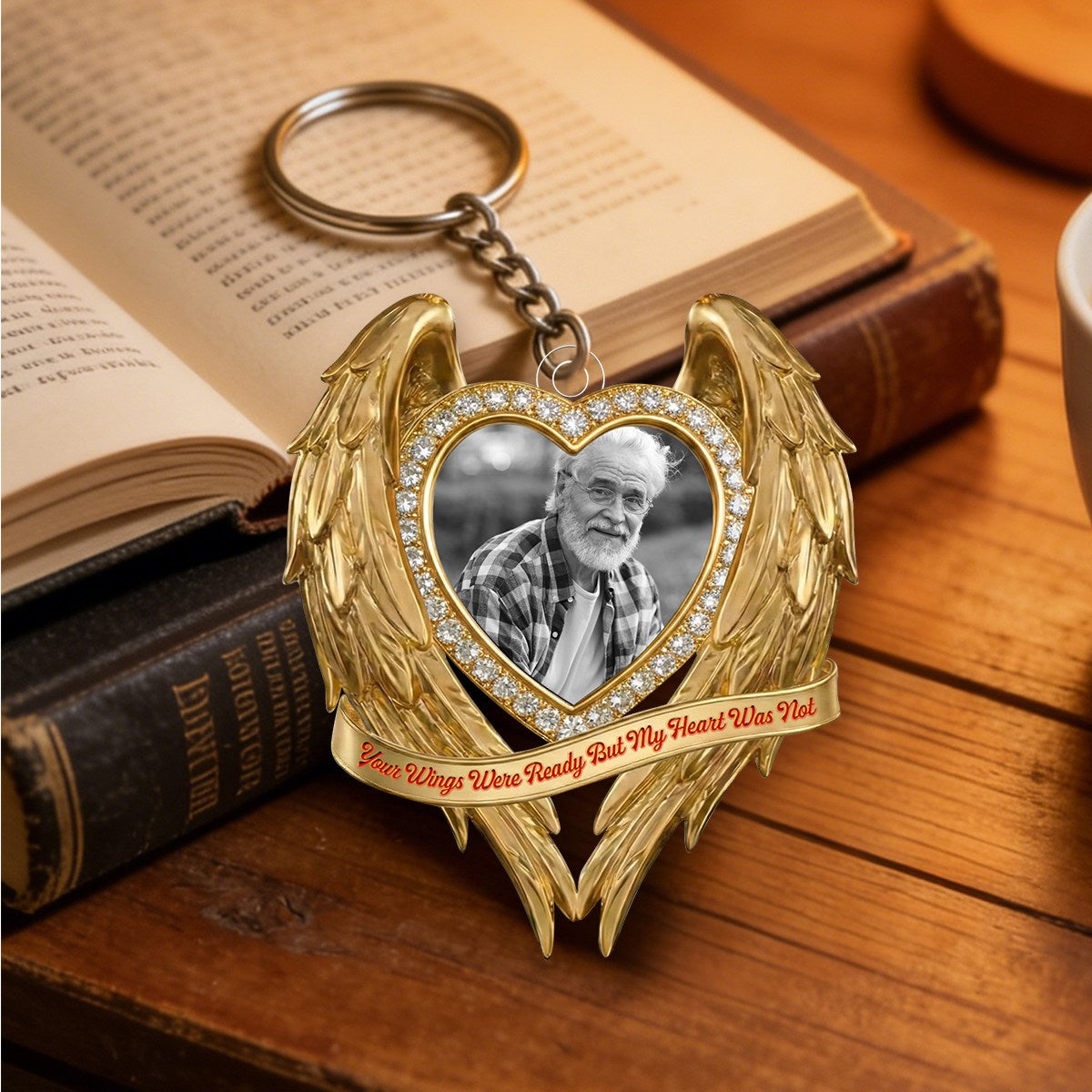Golden Memorial Heart Wings - Personalized Heart Photo Acrylic Keychain