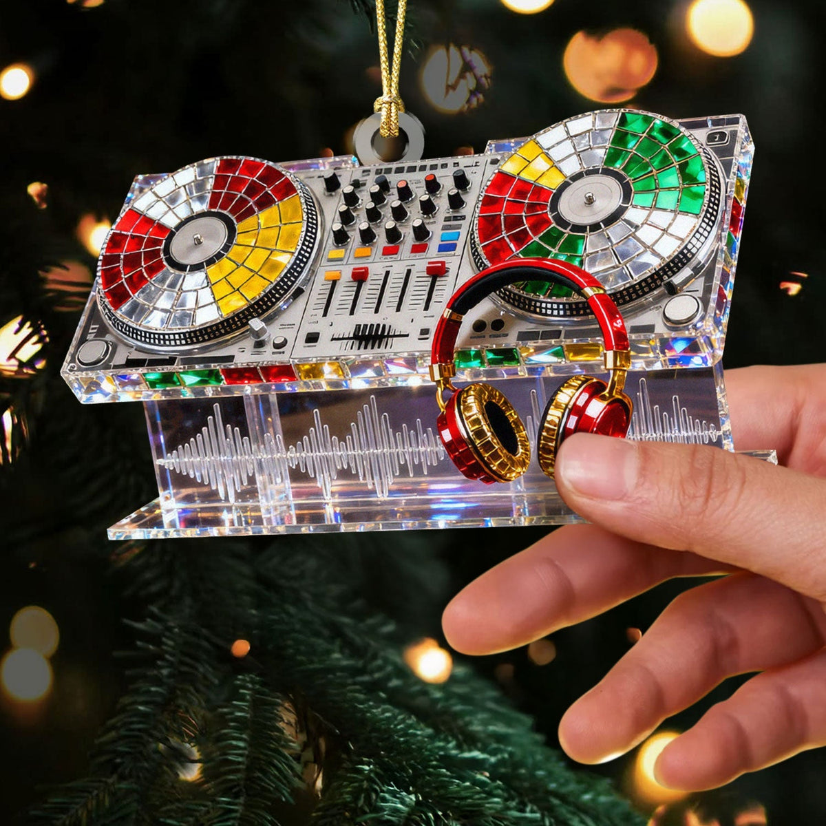 Custom Name Disc Jokey Stained Glass Effect Acrylic Christmas Ornament, Gift For DJ