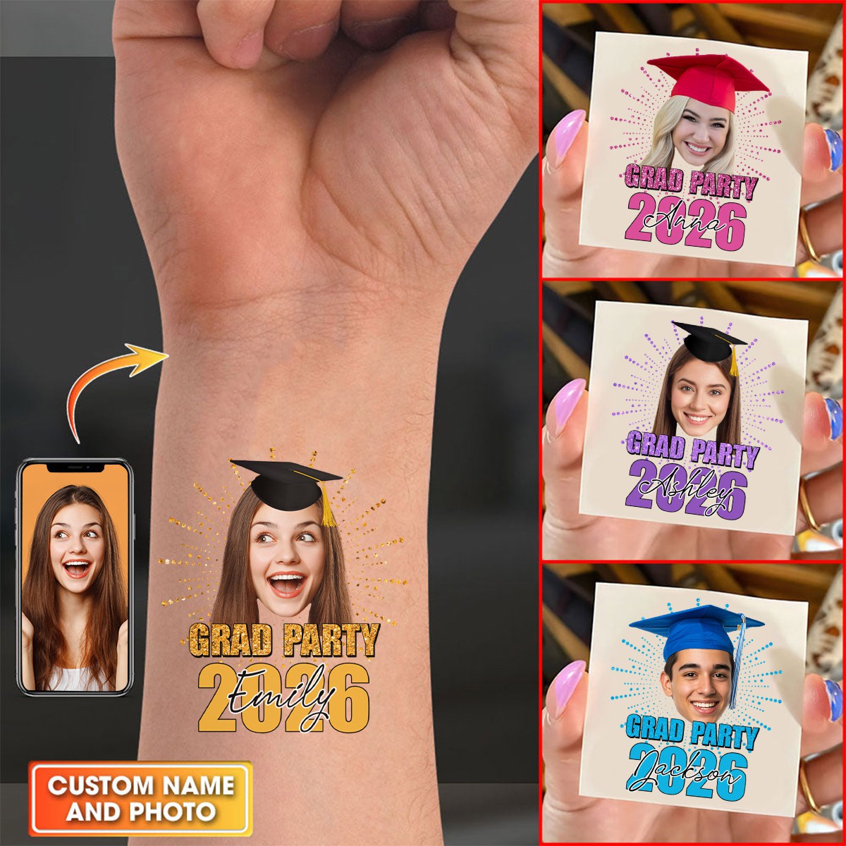 Custom Temporary Grand Party Tattoo With Personalized Photo, Text Name, Fake Tattoo, Gift For Graduation