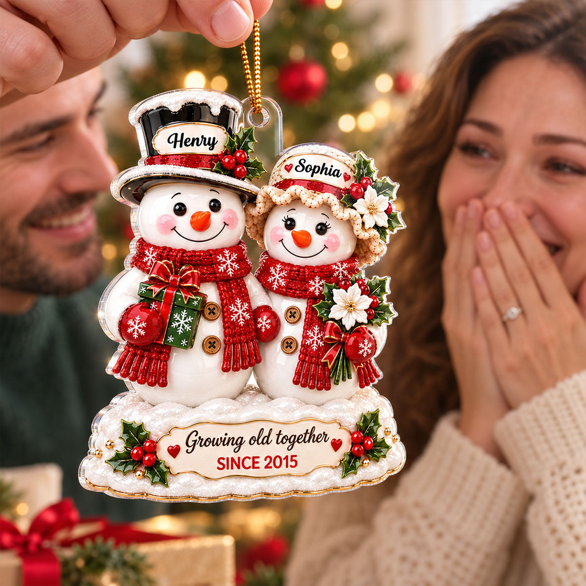 "Snowman Couple – Growing Old Together" – Personalized Acrylic Ornament | Christmas Keepsake For Him & Her