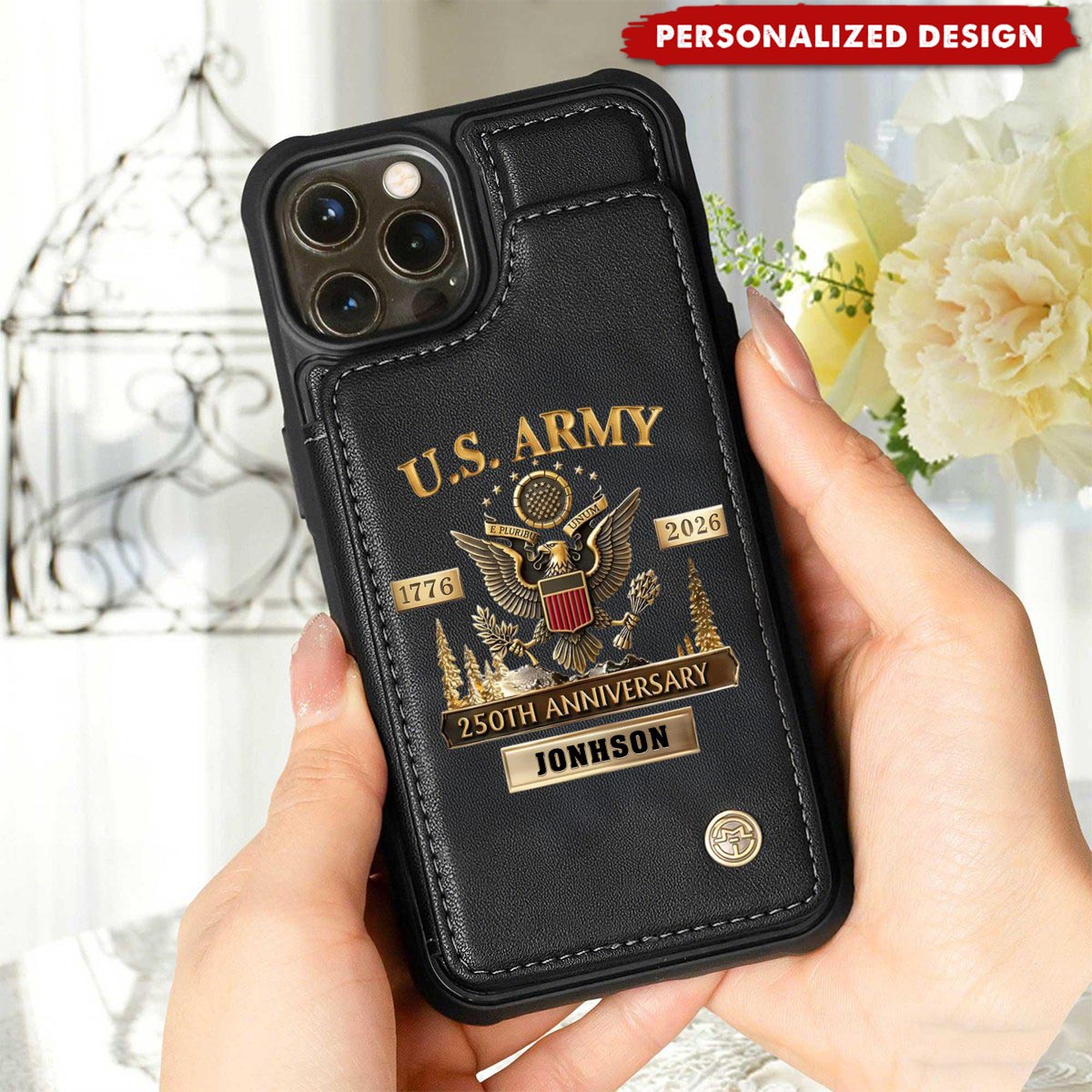 Personalized U.S. Army Leather Wallet Phone Case, 250th Anniversary Military iPhone Case