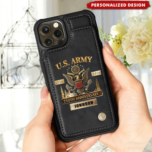 Personalized U.S. Army Leather Wallet Phone Case, 250th Anniversary Military iPhone Case