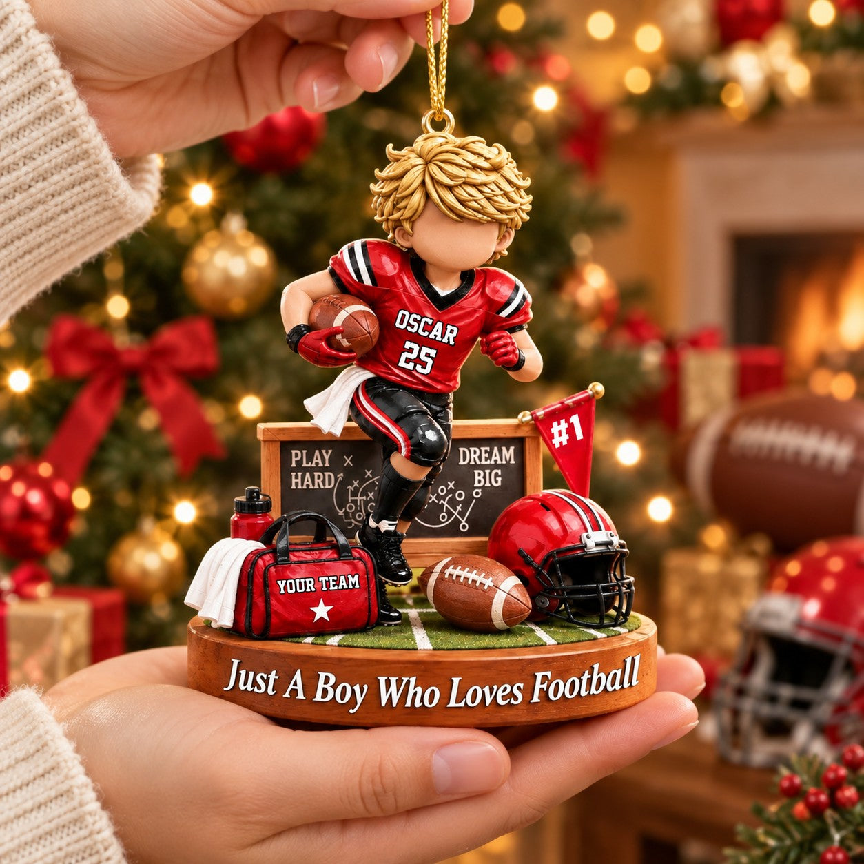Personalized Just A Boy Who Loves Football Ornament, Custom Player Name & Number Christmas Gift