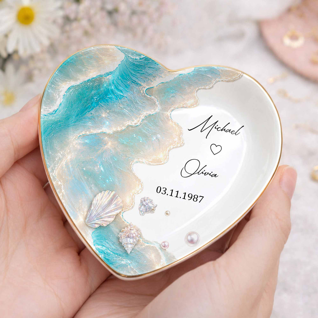 Personalized Ceramic Jewelry Dish – "Our Love Is Like The Ocean Waves" Design | A Romantic Keepsake Gift For Couples