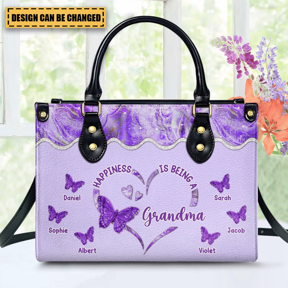 Happiness Is Being - Personalized Custom Leather Bag For Grandma