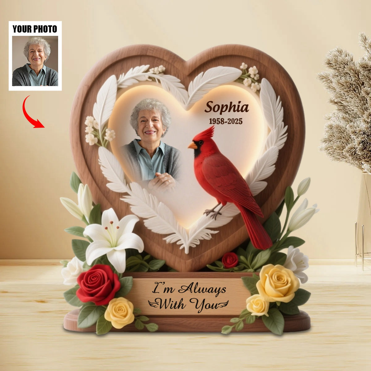 Heart Cardinal Memorial Personalized Acrylic Plaque Custom Shape