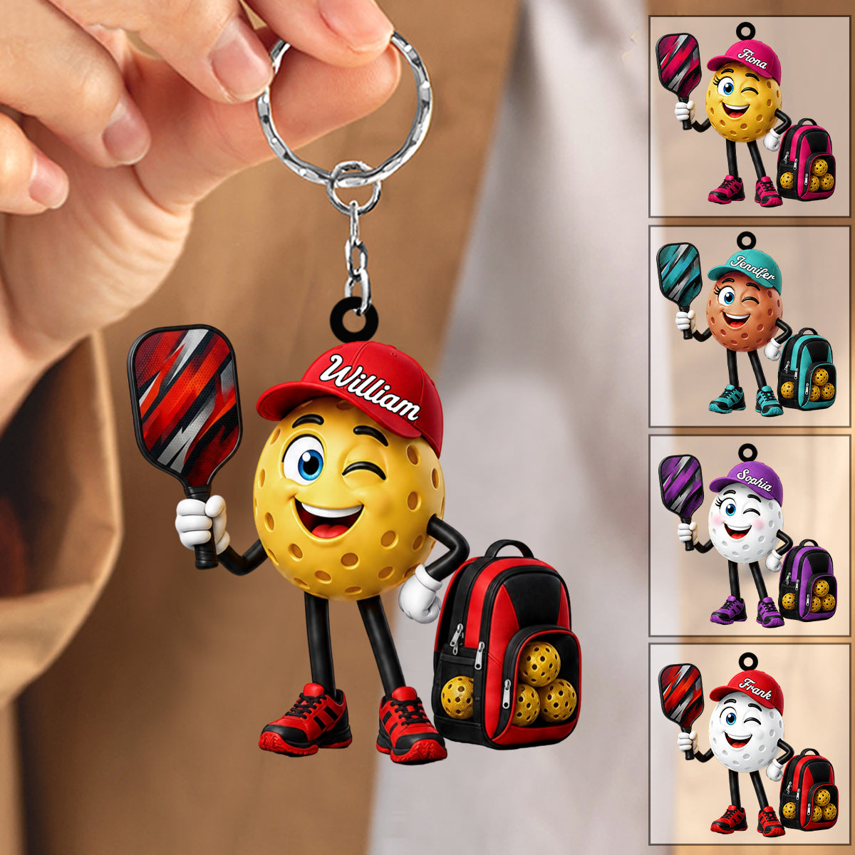 Cute Male & Female Pickleball Player Keychain- Personalized Pickleball Ball Mascot Keychain