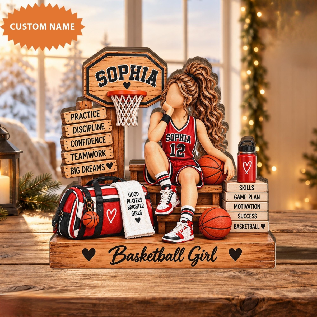 Personalized Basketball Girl Wooden Plaque – Custom Name Player Display | Gift For Daughters, Teammates & Basketball Lovers