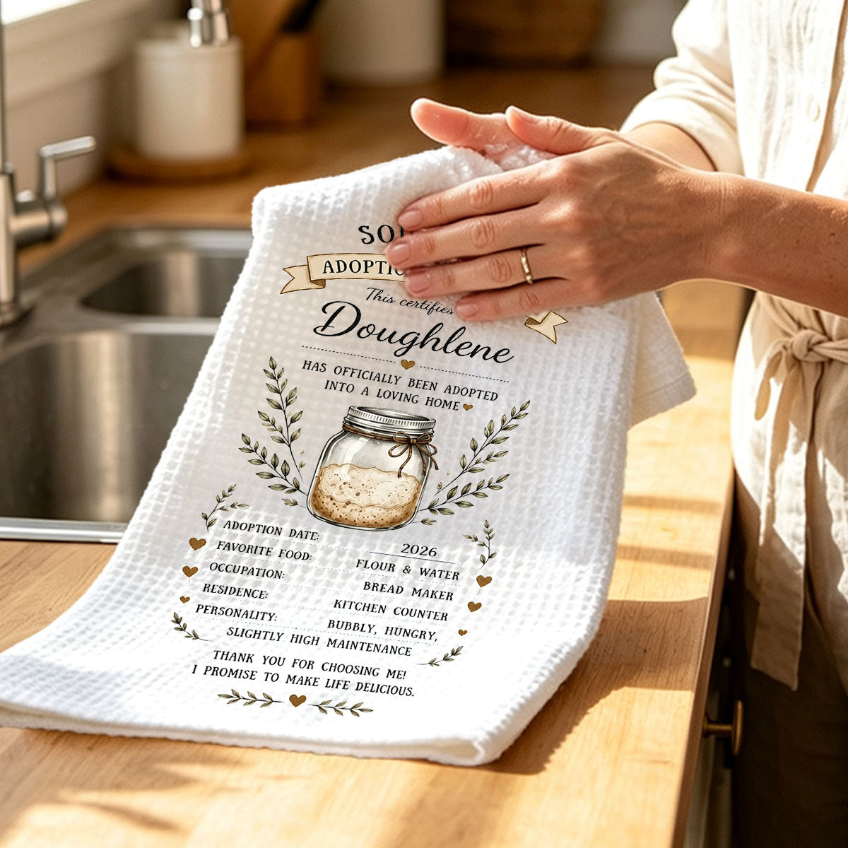 Custom Sourdough Adoption Certificate Kitchen Towel – Personalized Baking Gift For Bread Lovers