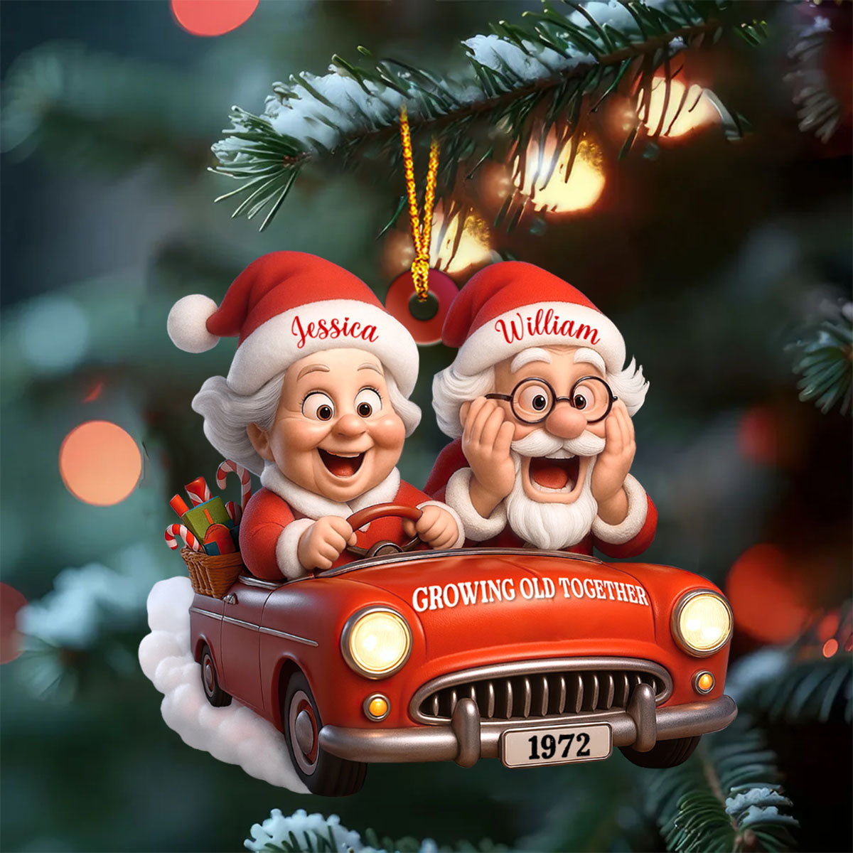 Growing Old Together With Santa Claus In Vintage Car,Custom Acrylic Ornament,Gift For Couples And Grandparents