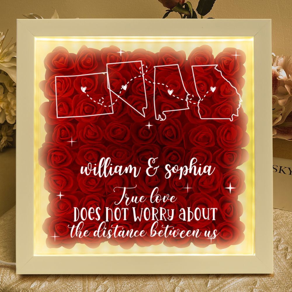 Long Distance Relationship For Couples - Personalized Flower Shadow Box With LED Light