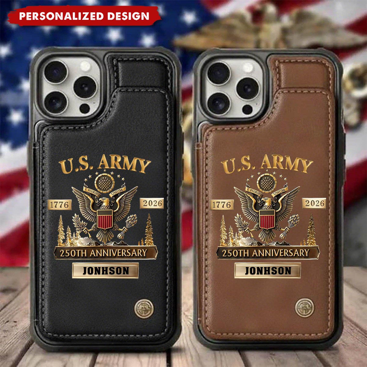 Personalized U.S. Army Leather Wallet Phone Case, 250th Anniversary Military iPhone Case