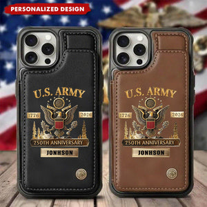 Personalized U.S. Army Leather Wallet Phone Case, 250th Anniversary Military iPhone Case