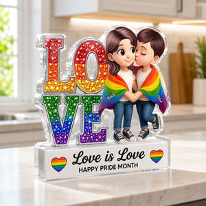 Pride Month Gift for LGBTQ+ Couple – Personalized "Love Is Love" Acrylic Block Plaque