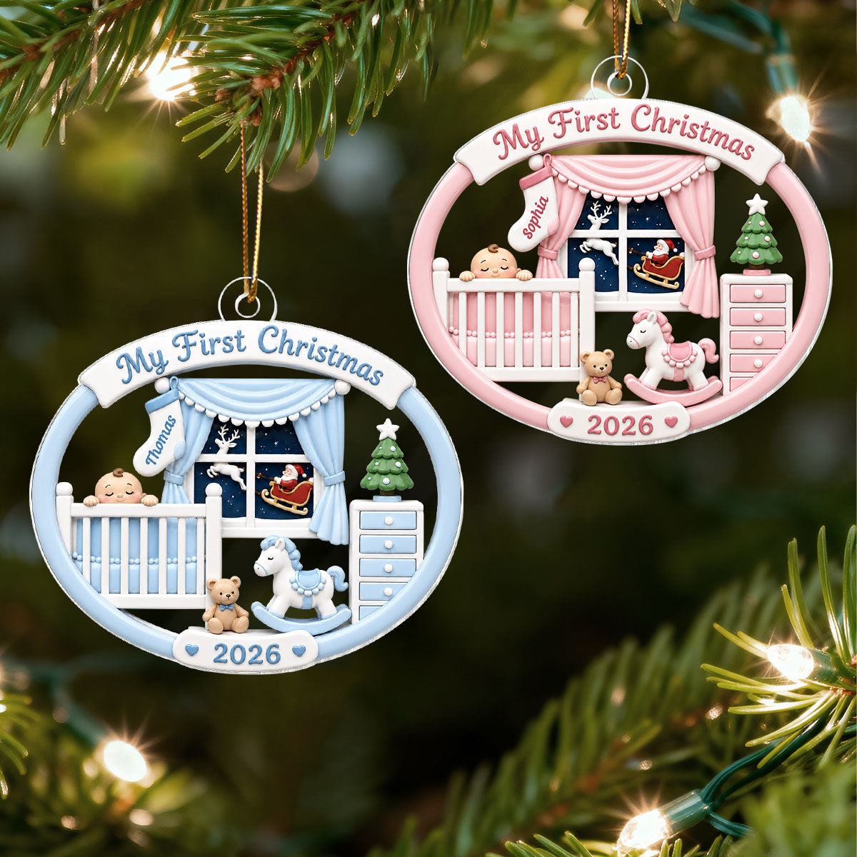 Personalized Baby's 1st Christmas 2026 Ornament – Light Pink & Blue Design | Newborn Keepsake For New Parents