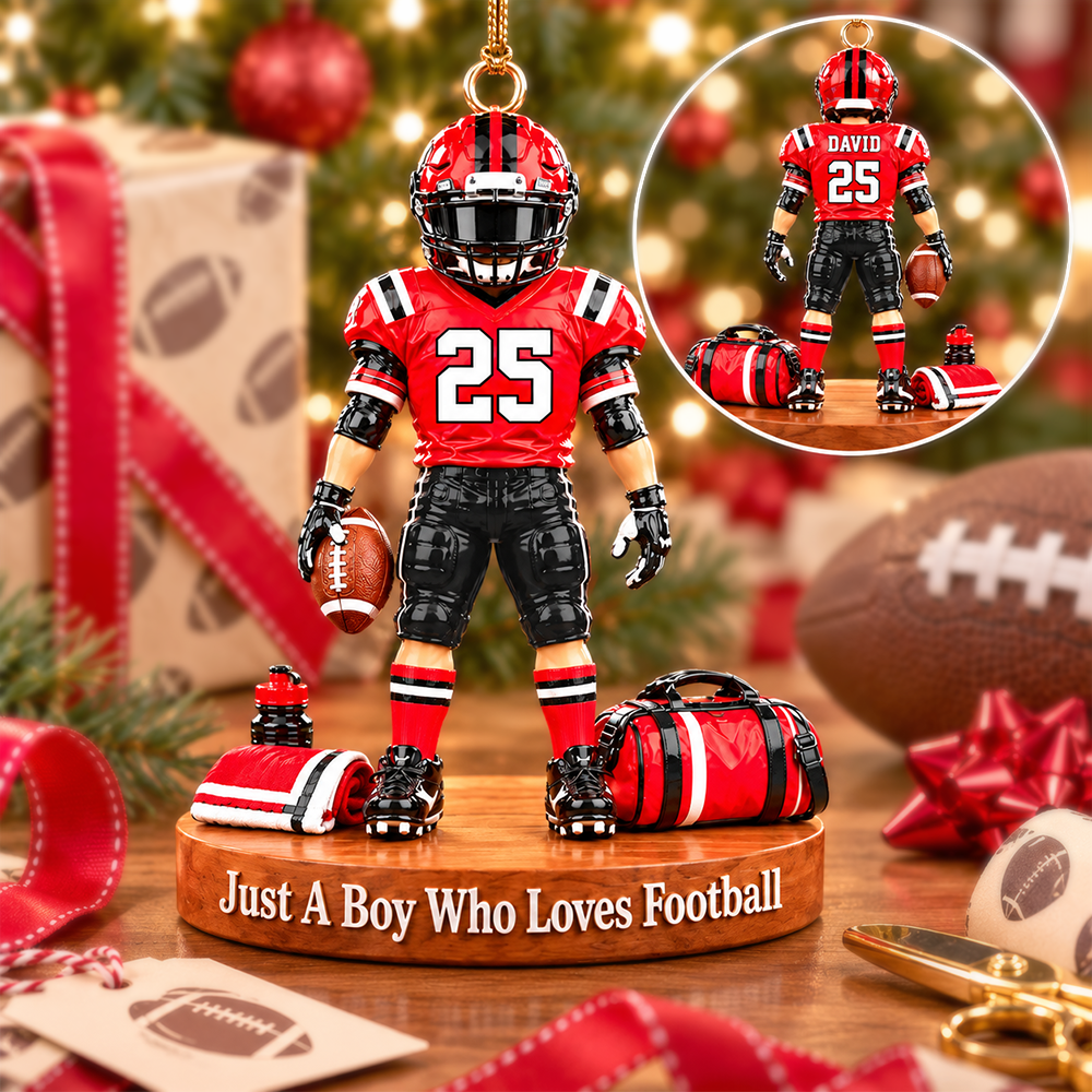 Just A Boy Who Loves Football – Personalized Christmas Ornament | Custom Name, Jersey Number & Uniform Colors | Gift For Football Players