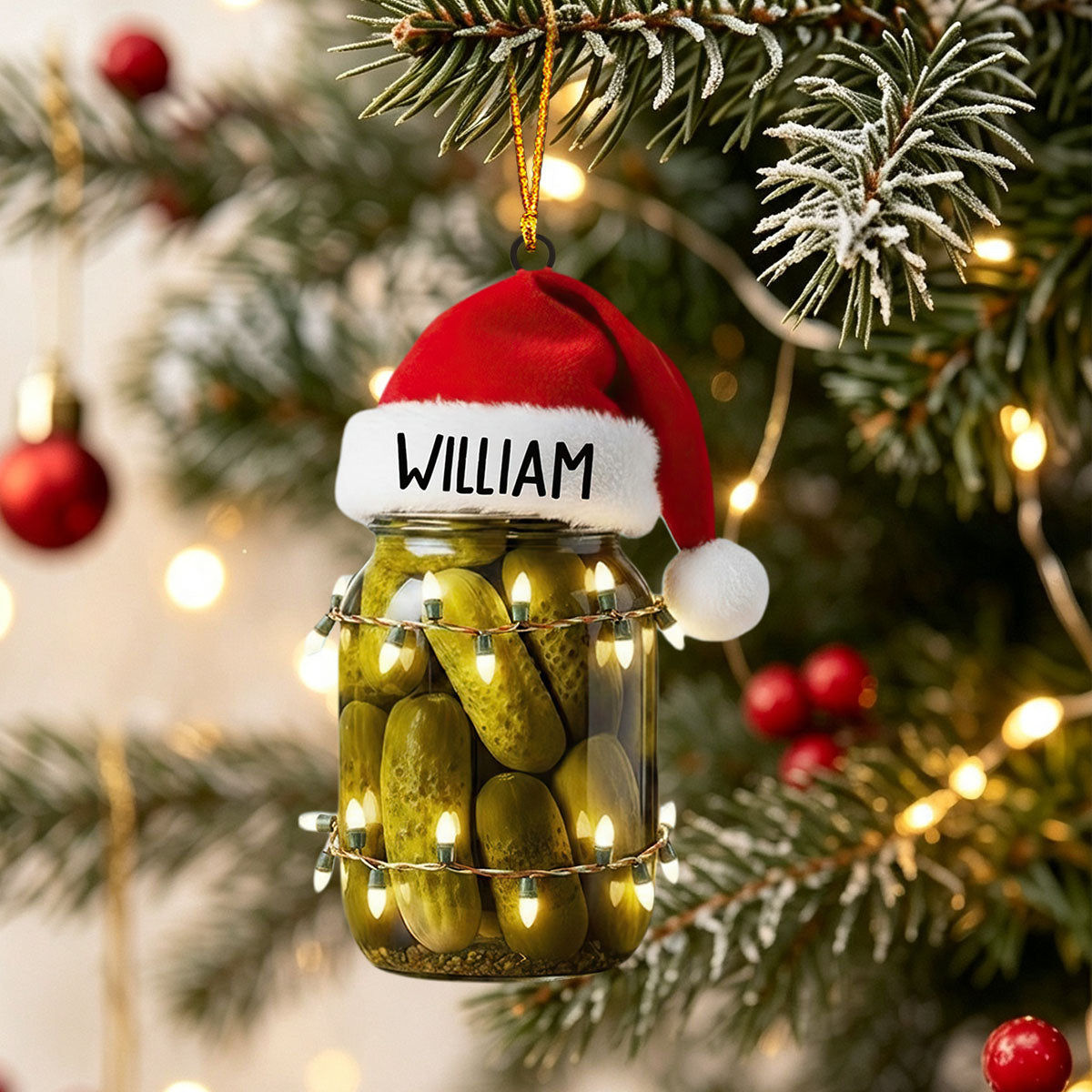 Personalized Pickle Jar Christmas Ornament – Funny Santa Hat Holiday Decoration