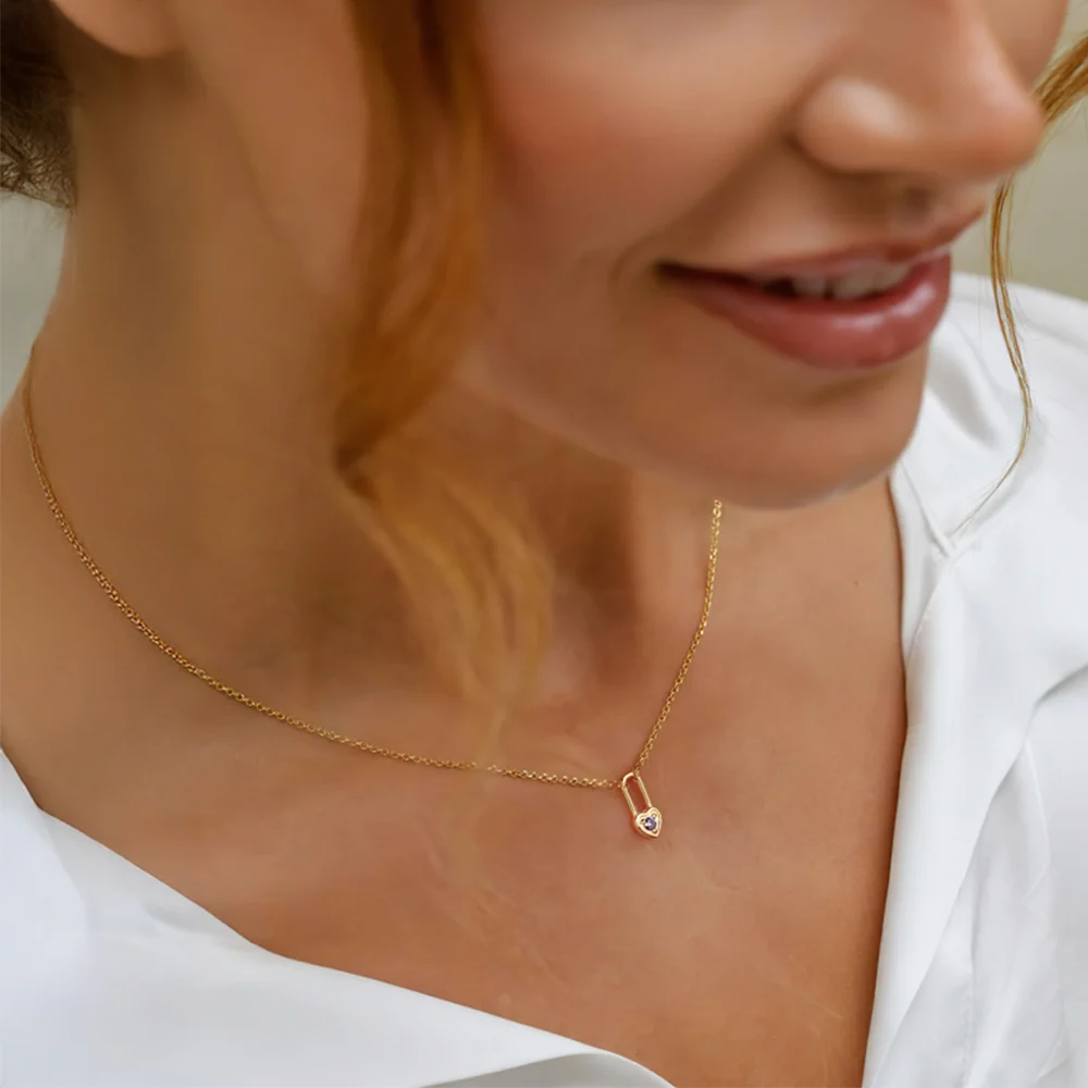 Personalized Tiny Heart Padlock Necklace with Birthstone Dainty Jewelry