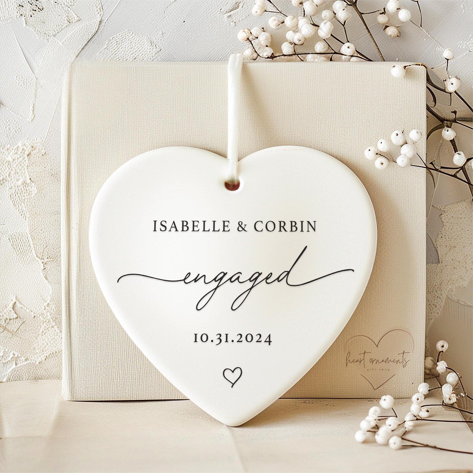 Personalized Engagement Heart-shaped Ceramic Ornament with Names & Date