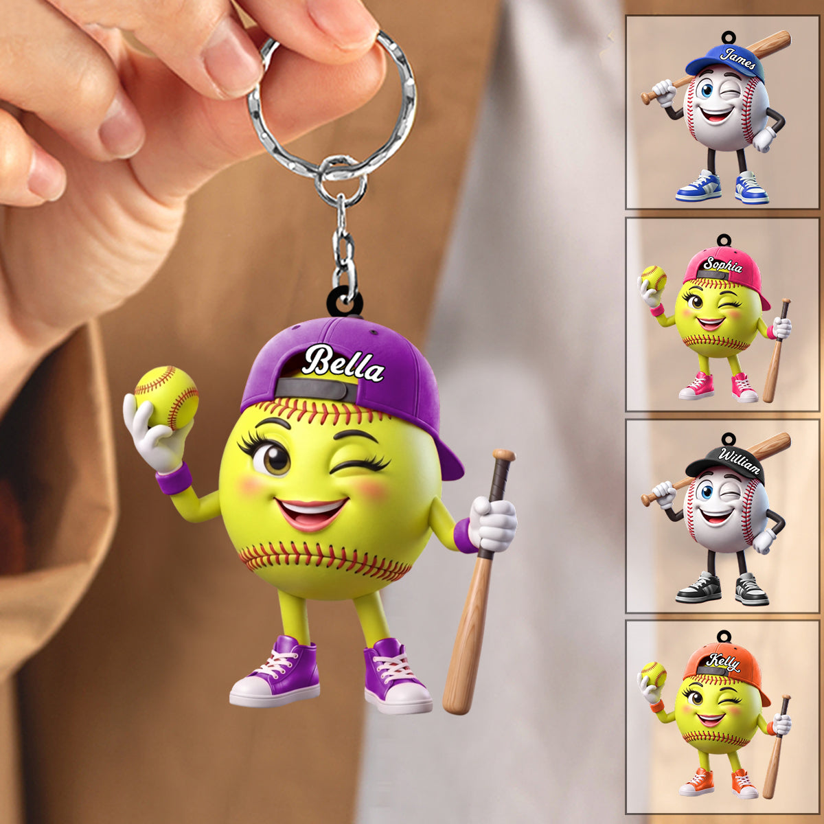 Playful Wink Baseball Softball Player Keychain - Personalized Cute Mascot Keychain