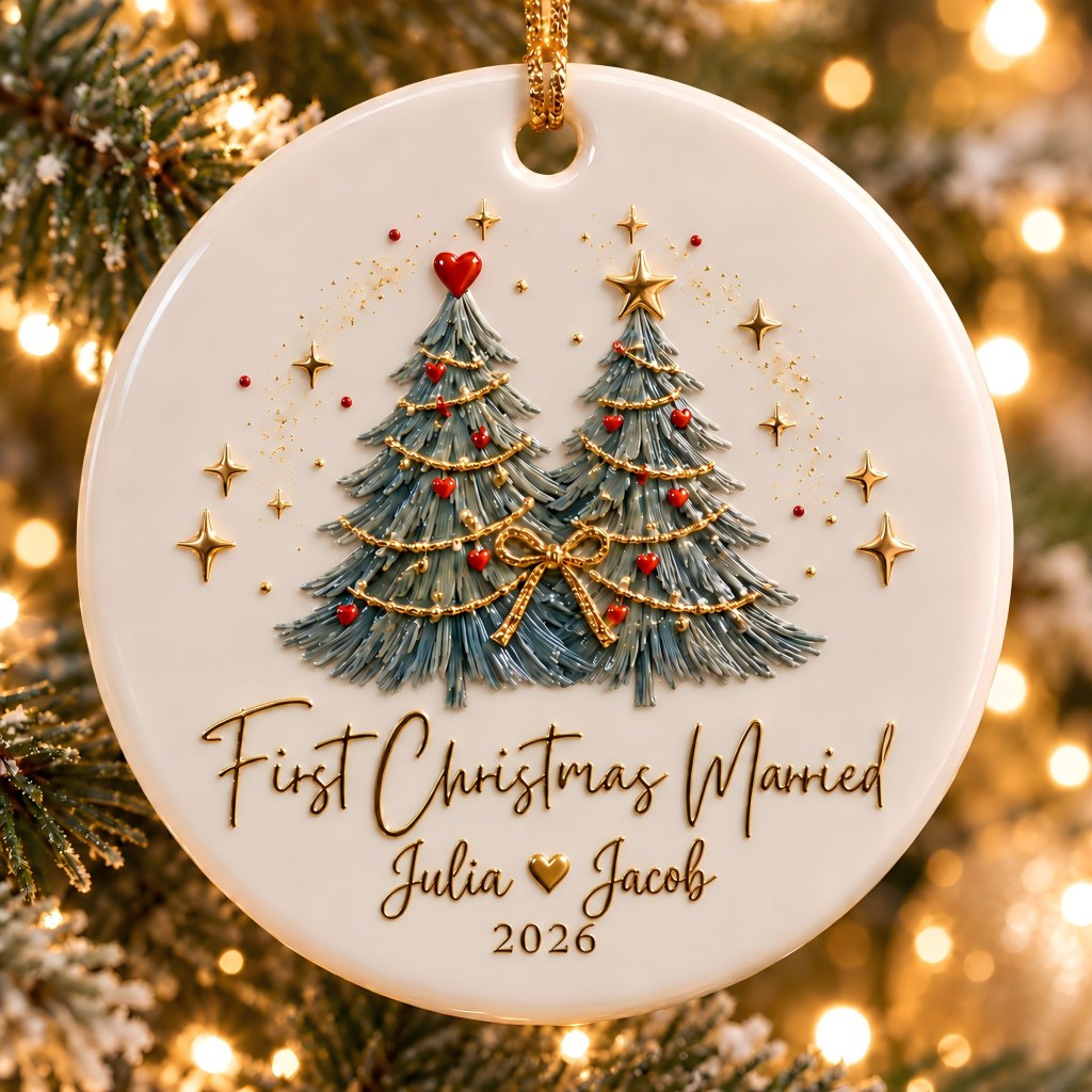 Personalized First Christmas Married Ornament – Custom Couple Names & Year, Two Christmas Trees Keepsake For Newlyweds, Mr & Mrs Gift 2026