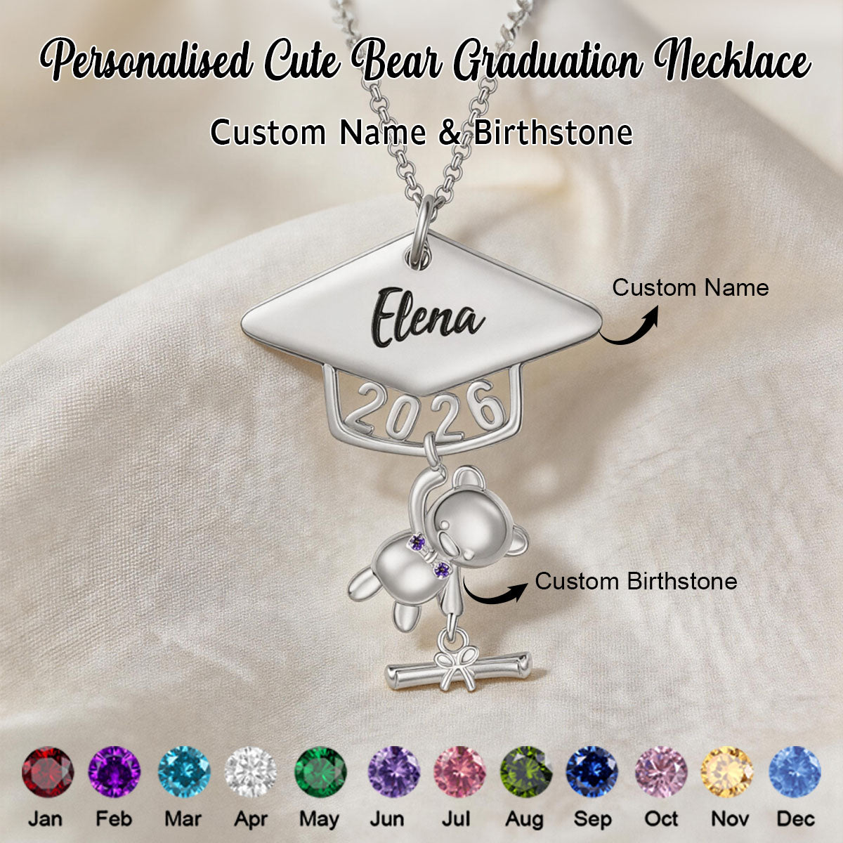 Class of 2026 Graduates Engraved Name and Birthstone Personalised Cute Bear Graduation Necklace