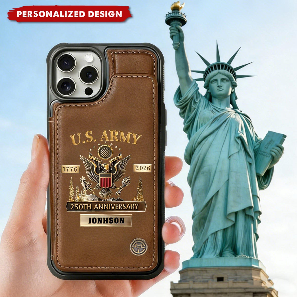 Personalized U.S. Army Leather Wallet Phone Case, 250th Anniversary Military iPhone Case