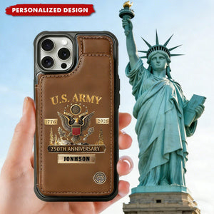 Personalized U.S. Army Leather Wallet Phone Case, 250th Anniversary Military iPhone Case