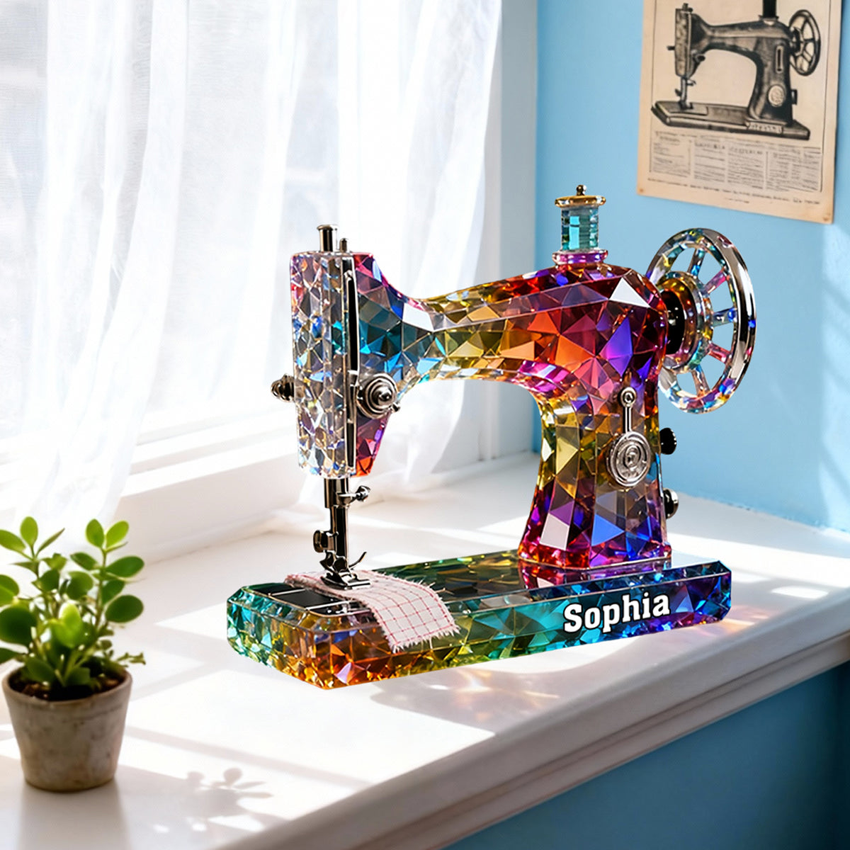 Stained Glass Effect Sewing Machine Custom Name Acrylic Plaque, Gift For A Tailor