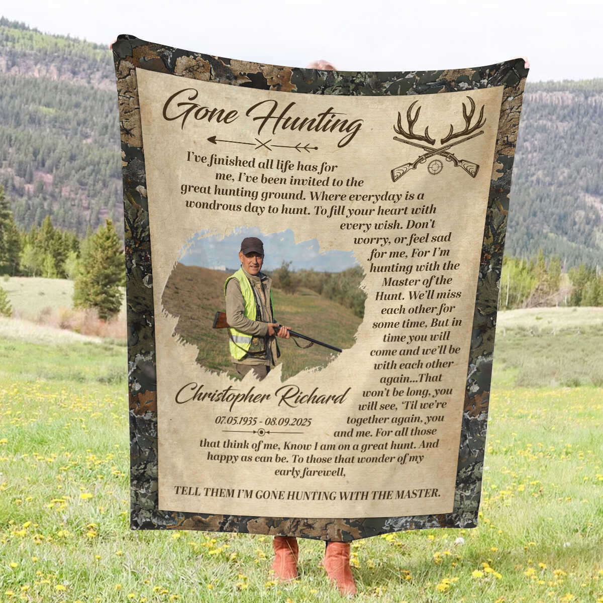 Personalized Gone Hunting Blanket,Custom Hunter Memorial, Sympathy Gift, Keepsake For Hunter