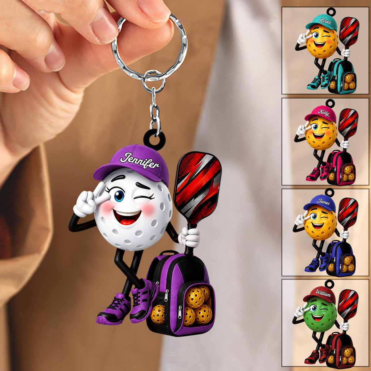 Winking Pickleball Mascot Peace Sign Keychain - Personalized Gift for Male & Female Player