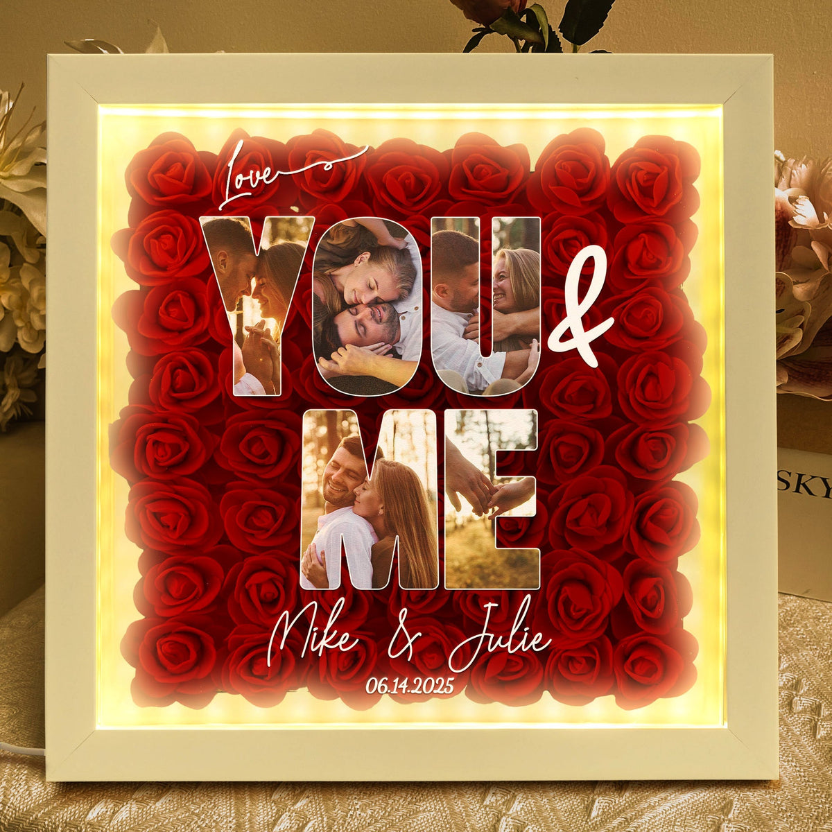 You & Me Custom Photo Collage - Personalized Photo Flower Shadow Box With LED Light