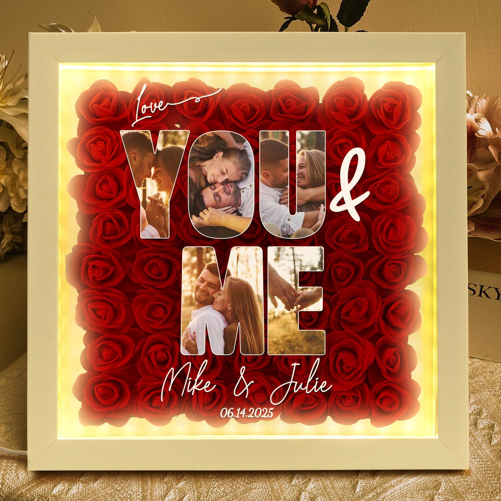 You & Me Custom Photo Collage - Personalized Photo Flower Shadow Box With LED Light