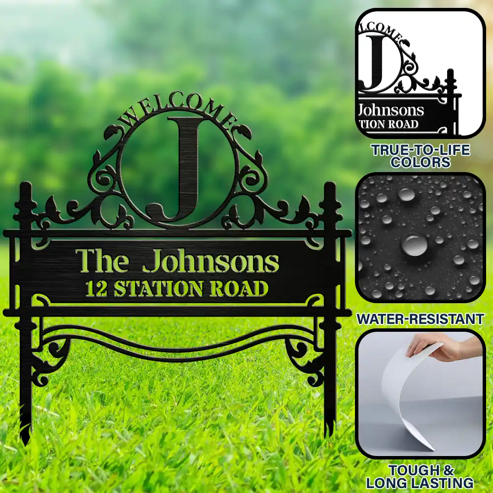 Welcome Family Name Monogram - Personalized Metal Garden Stake For Outdoor & Yard