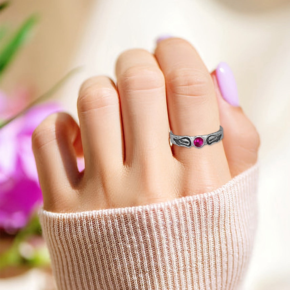 For Memorial - Personalized Name & Birthstone Angel Wing Ring