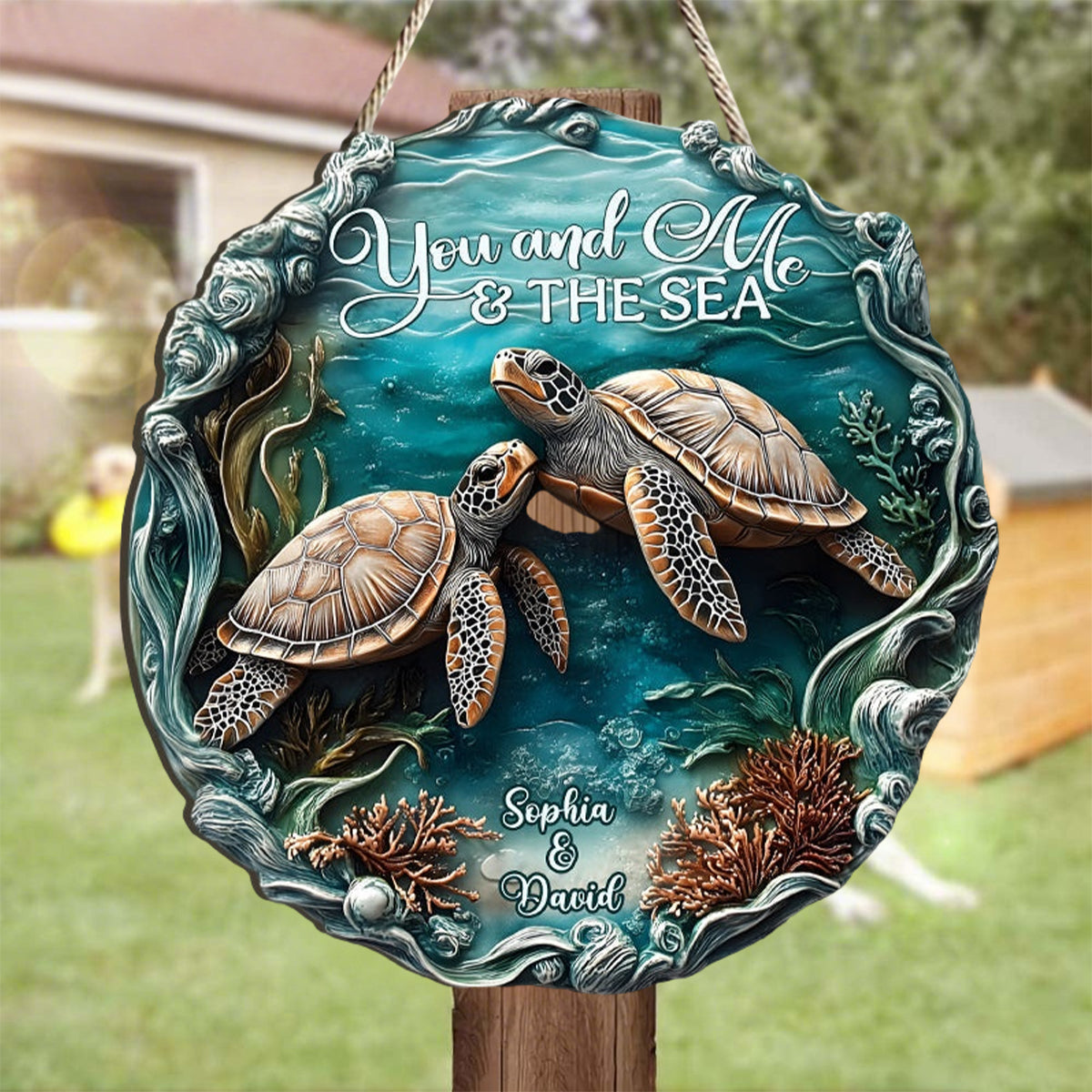 You And Me And The Sea - Personalized Turtle Custom Wood Sign