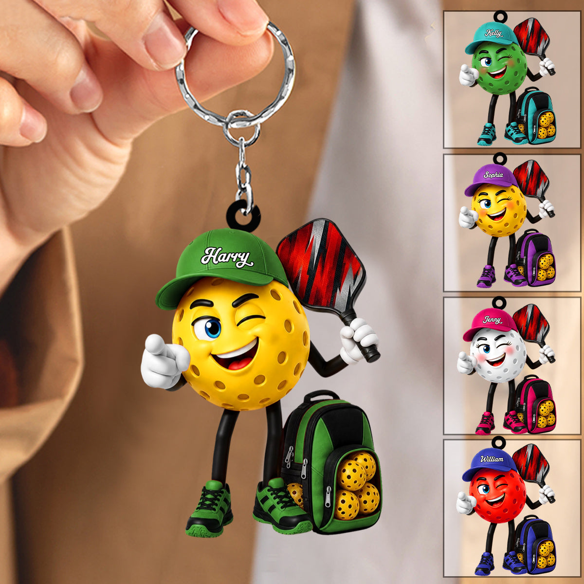 Pointing Pickleball Mascot With Sports Bag Keychain - Personalized Gift for Male & Female Player