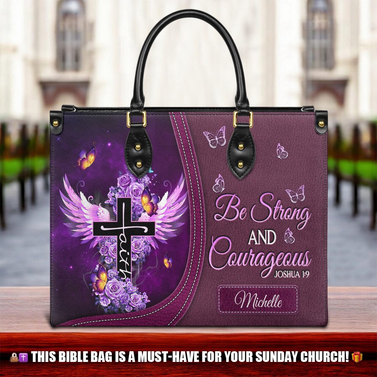 Personalized Be strong and courageous-Bible Verse Leather Bag