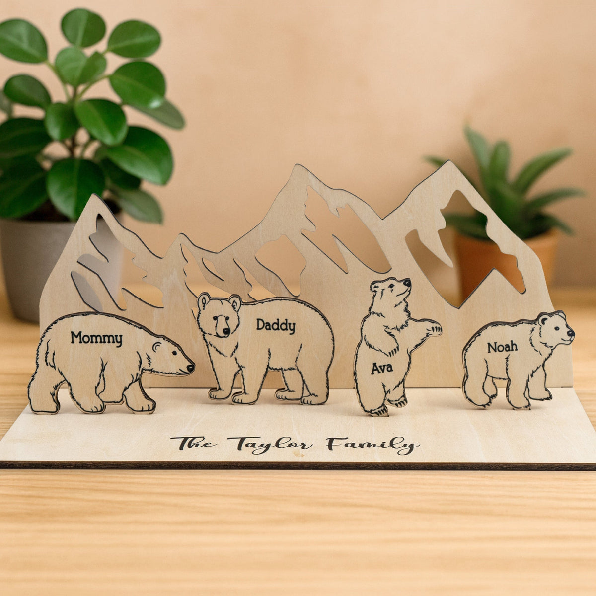 Personalized Wooden Bear Family With A Mountain Scene Backdrop