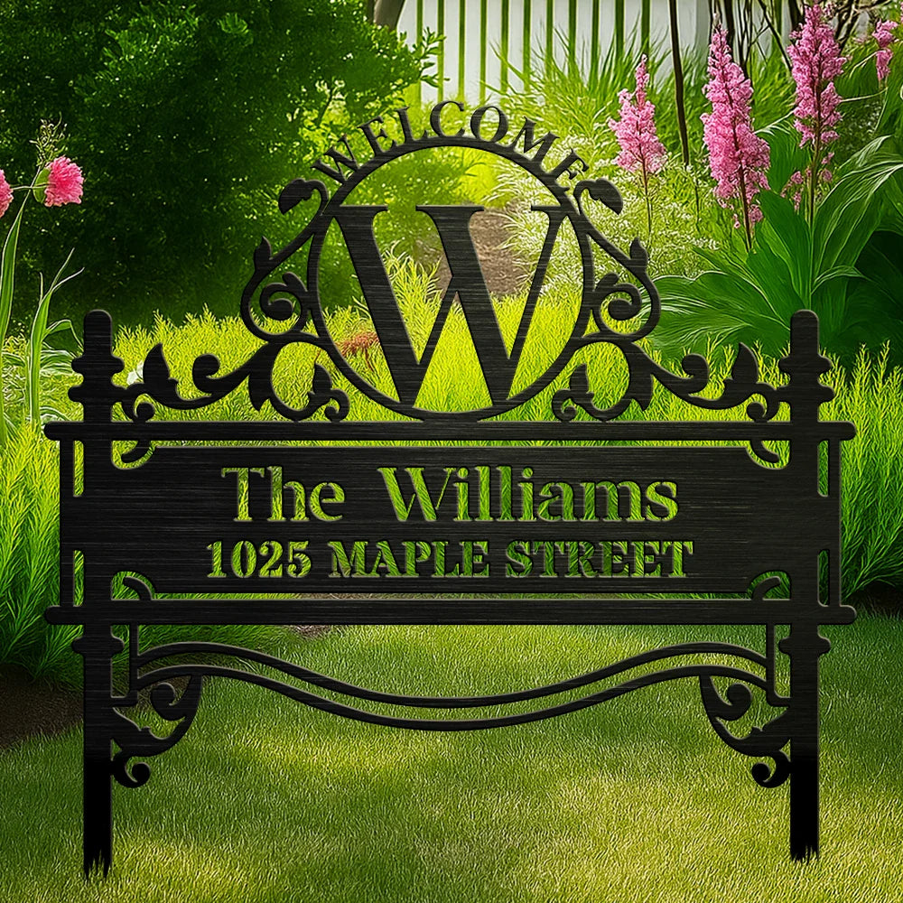 Welcome Family Name Monogram - Personalized Metal Garden Stake For Outdoor & Yard