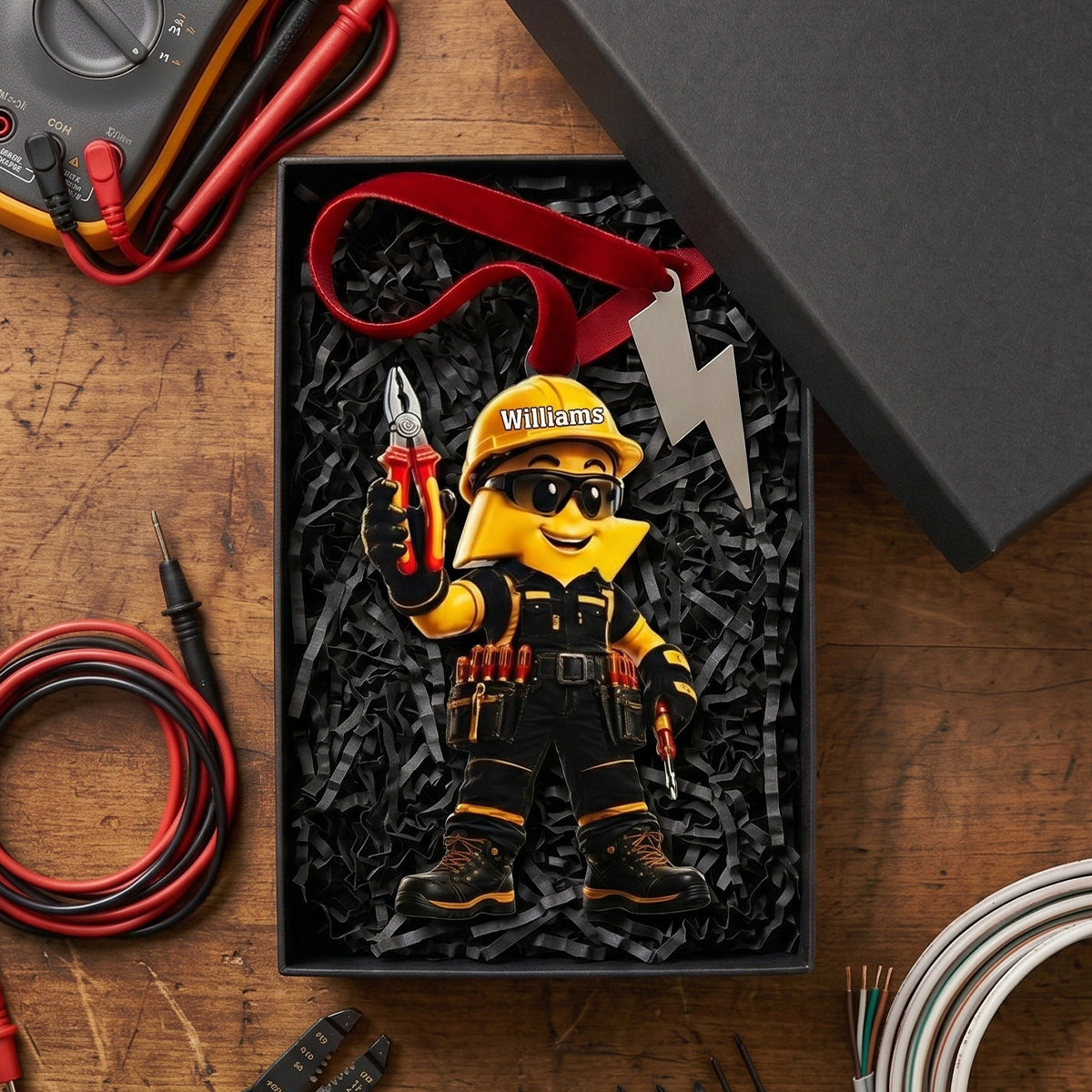 Personalized Electrician Cartoon Acrylic Ornament - Custom Name Cool Worker Mascot With Tools Hanging Charm, Gift For Electrician