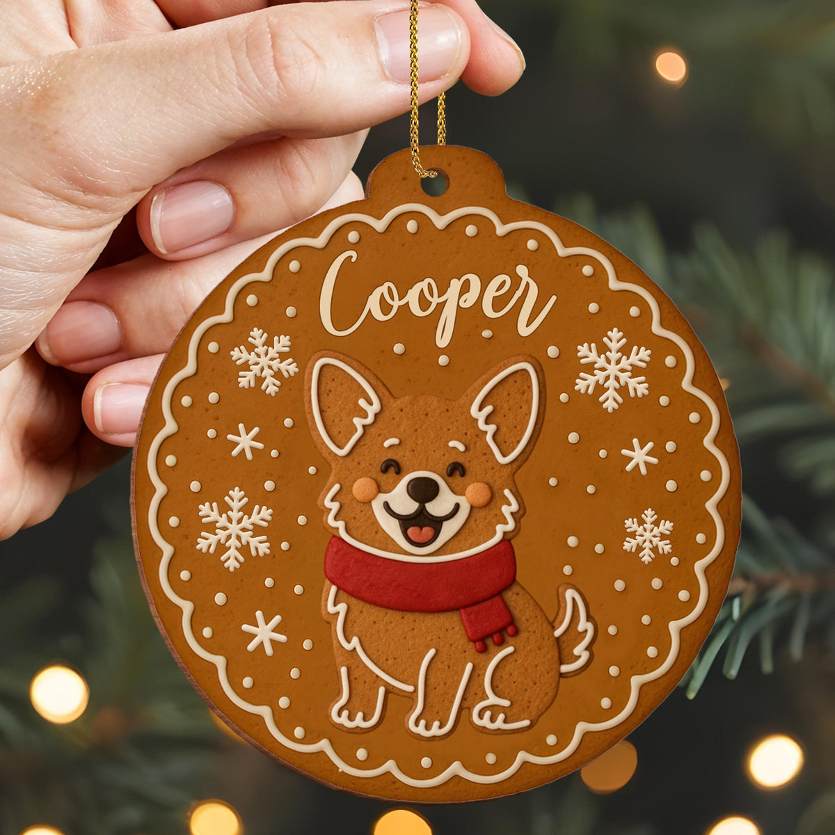 Cheerful Dog With Festive Scarf And Snowflakes, Personalized Wood Ornament, Gift For Dog Lovers