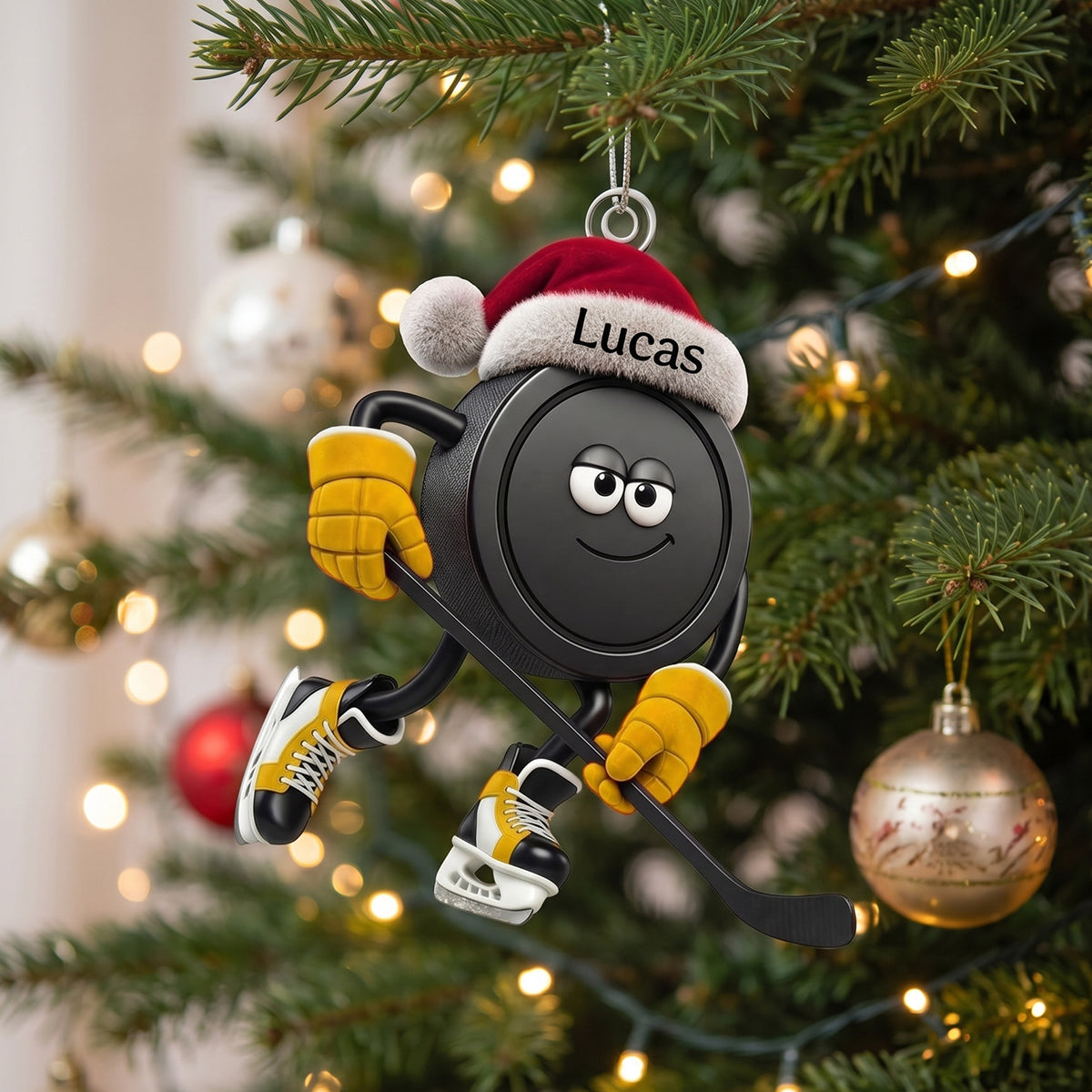 Personalized Action Pose Hockey Puck With Santa Hat – Custom Christmas Hanging Ornament For Hockey Fans